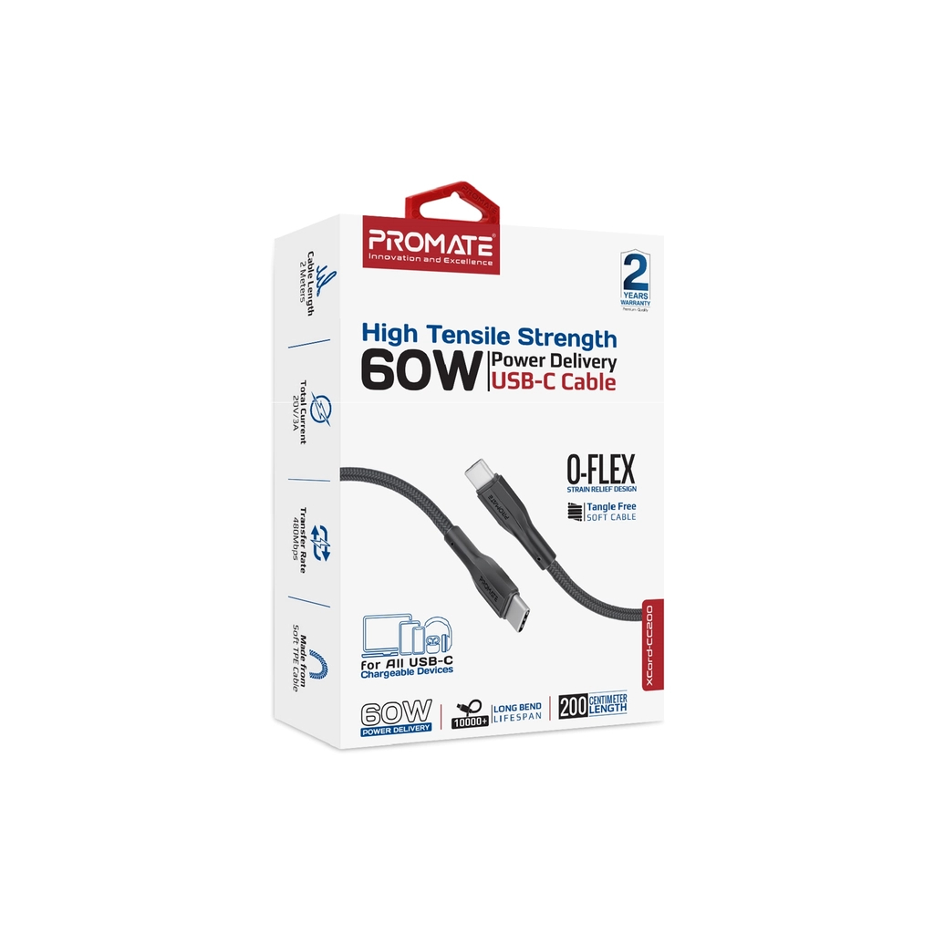 Дата кабель USB-C to USB-C 2.0m 3A xCord-CC200 black Promate (xcord-cc200.black)