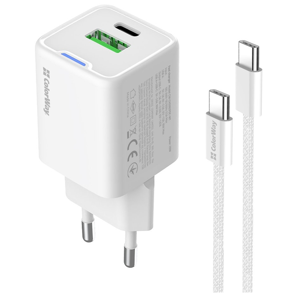 Зарядний пристрій ColorWay C101A GaN Mini 20W PD PPS USB-C + USB-A QC4.0 + cable USB-C to USB-C black (CW-CHS062PDC-WT)