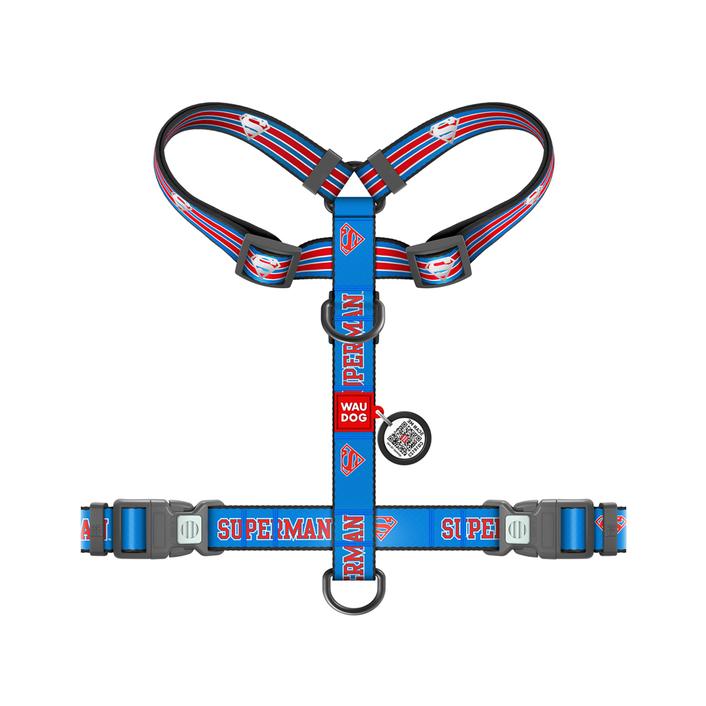 Шлея для собак WAUDOG Nylon H-подібна з QR-паспортом "Супермен Ретро", світловідбивна S (343-1082)