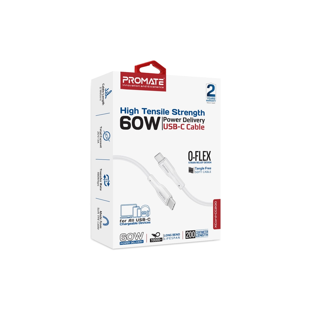 Дата кабель USB-C to USB-C 2.0m 3A xCord-CC200 white Promate (xcord-cc200.white)
