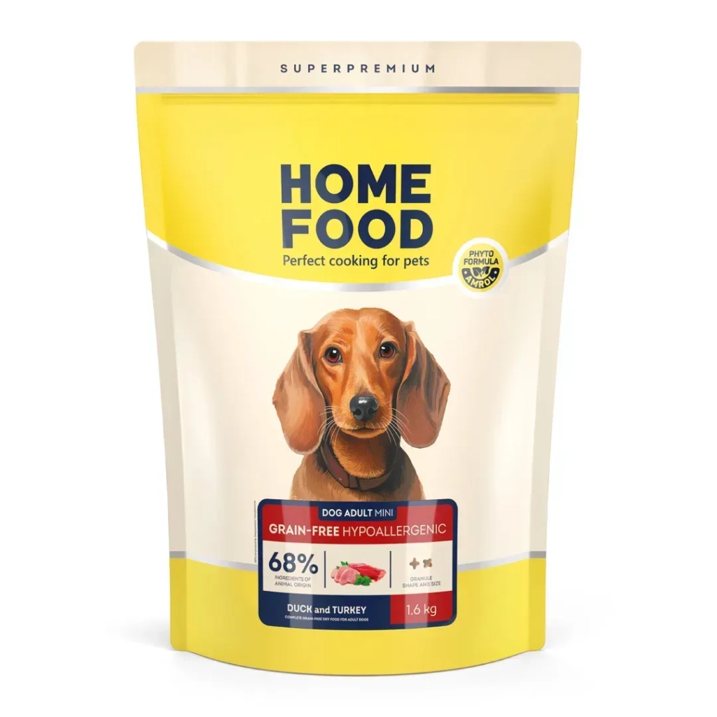 Сухий корм для собак Home Food ADULT MINI Grain-free hypoallergenic з качкою та індичкою 1.6 кг (4820235020934) Сухий корм для собак Home Food ADULT MINI Grain-free hypoallergenic з качкою та індичкою 1.6 кг (4820235020934)