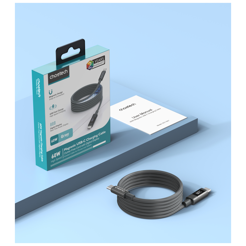 Дата кабель USB-C to USB-C 1.2m PD60W magnetic digital display nylon gray Choetech (XCC-1067-GY) Дата кабель USB-C to USB-C 1.2m PD60W magnetic digital display nylon gray Choetech (XCC-1067-GY)