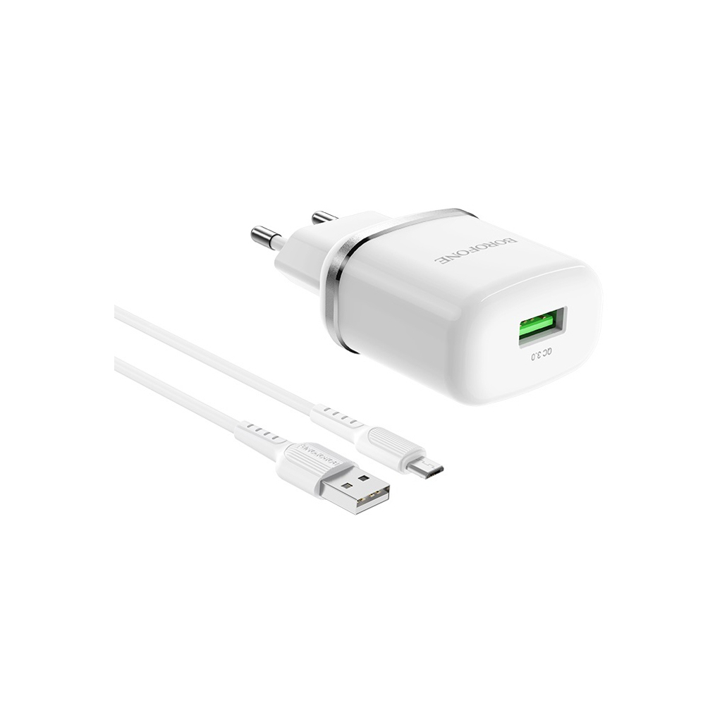 Зарядний пристрій BOROFONE BA36A High Speed USB QC3.0 + cable USB to Micro 5P 18W White (6931474715999)