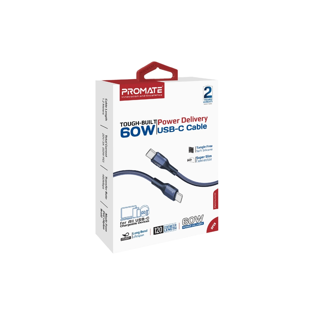 Дата кабель USB-C to USB-C 1.2m 60W PD FletchLink-CC blue Promate (fletchlink-cc.blue)