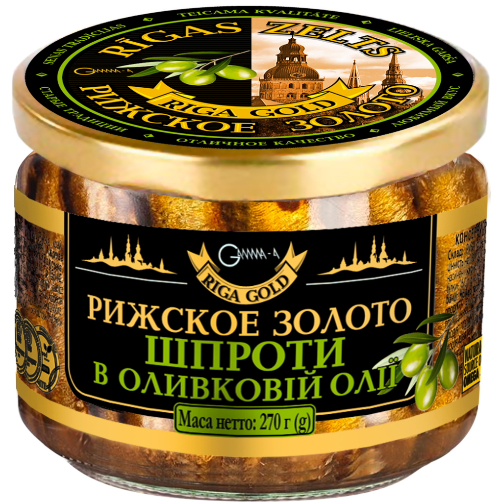 Рибні консерви Ризьке золото Шпроти в оливковій олії 270 г с/б (4820062447492)