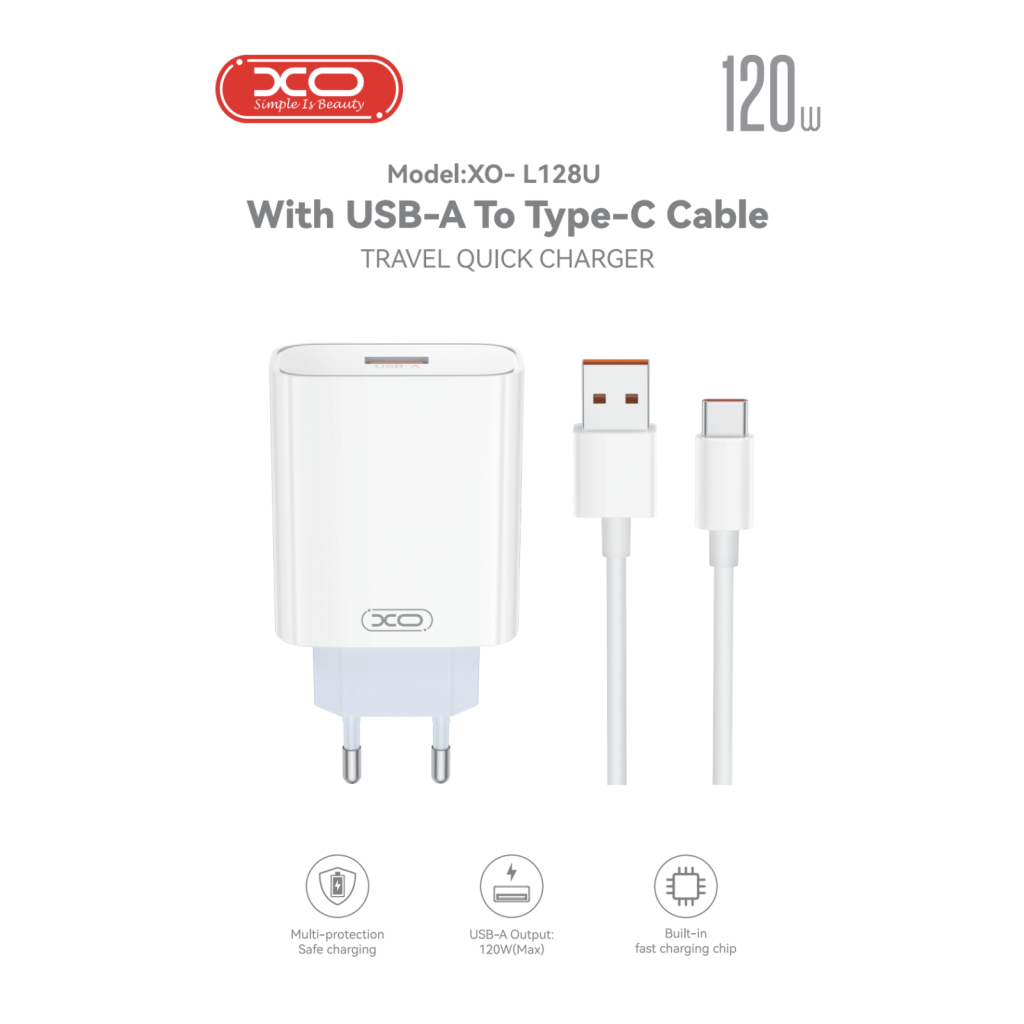 Зарядний пристрій XO USB 120W + cable USB to USB-C white (XO-L128U) Зарядний пристрій XO USB 120W + cable USB to USB-C white (XO-L128U)