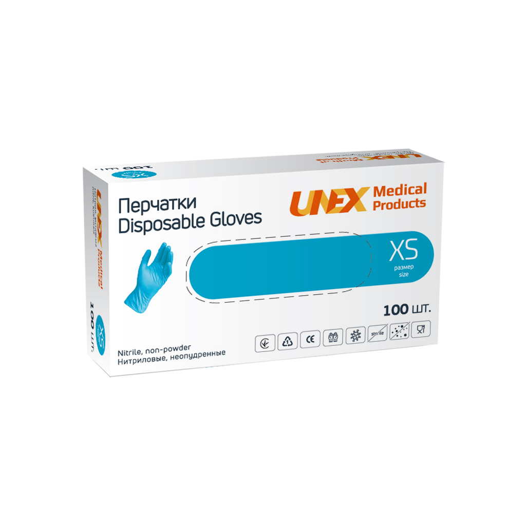 Медичні рукавички Unex Medical Нітрилові Неопудрені діагностичні Розмір XS Сині 100 шт. (4.1003) (4780057480029)