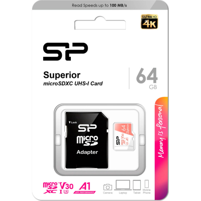 Карта пам'яті Silicon Power 64GB microSDXC class 10 UHS-I U3 V30 A1 Superior (SP064GBSTXDV3V20SP)