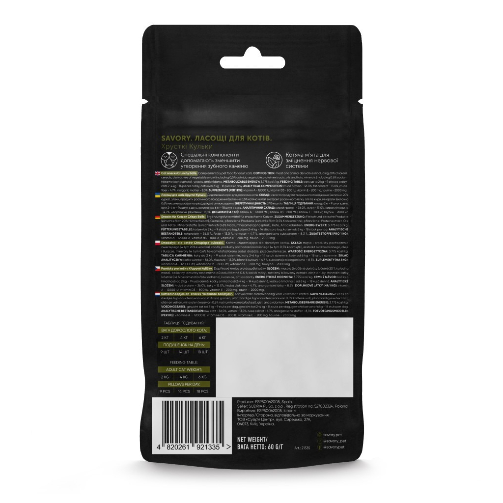 Ласощі для котів Savory Snacks Crunchy Balls кульки з котячою м'ятою 60 г (4820261921335)