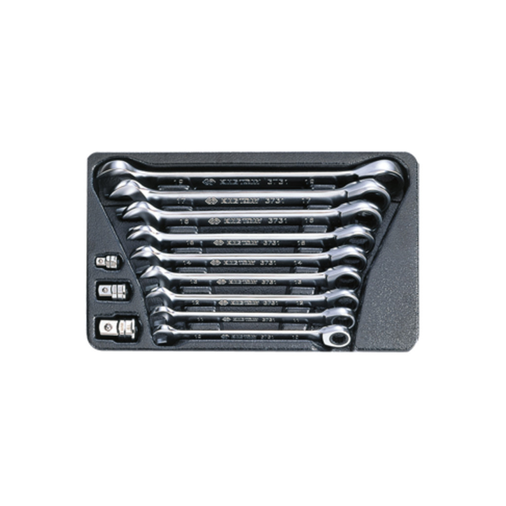 Ключ KING TONY ріжково-накидний з тріскачкою 12 шт, 10-19 мм та перехідники на 1/4", 3/8", 1/2" (9-10112MR)