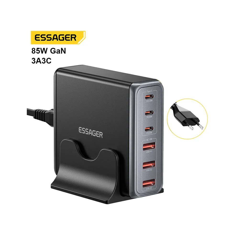 Зарядний пристрій Essager 3xUSB-C + 3xUSB-A 85W GaN black (EZC85W-SXB0G-Z)