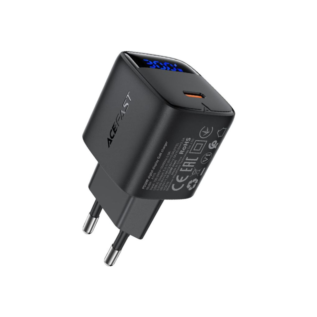 Зарядний пристрій Acefast USB-C 30W GaN with digital display black (6974316284444)