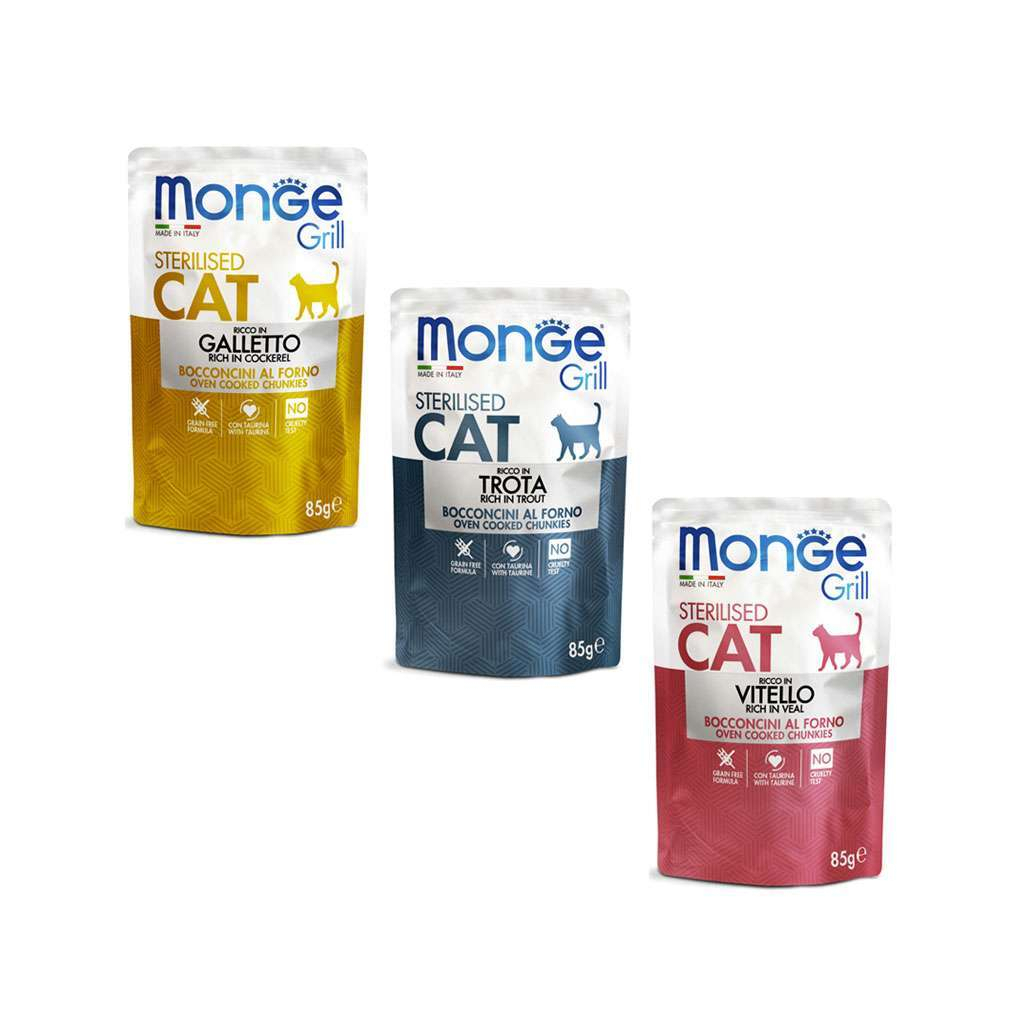 Вологий корм для кішок Monge Cat grill mix ster з півнем, фореллю та телятиною 1.02 г (8009470017527)