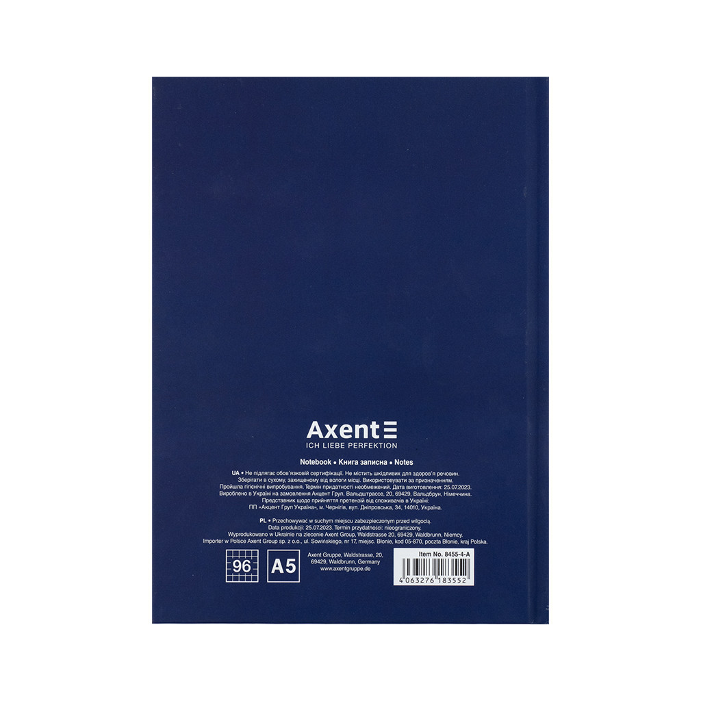 Книга записна Axent UA Єдина А5 клітинка тверда обкладинка 96 аркушів (8455-4-A)