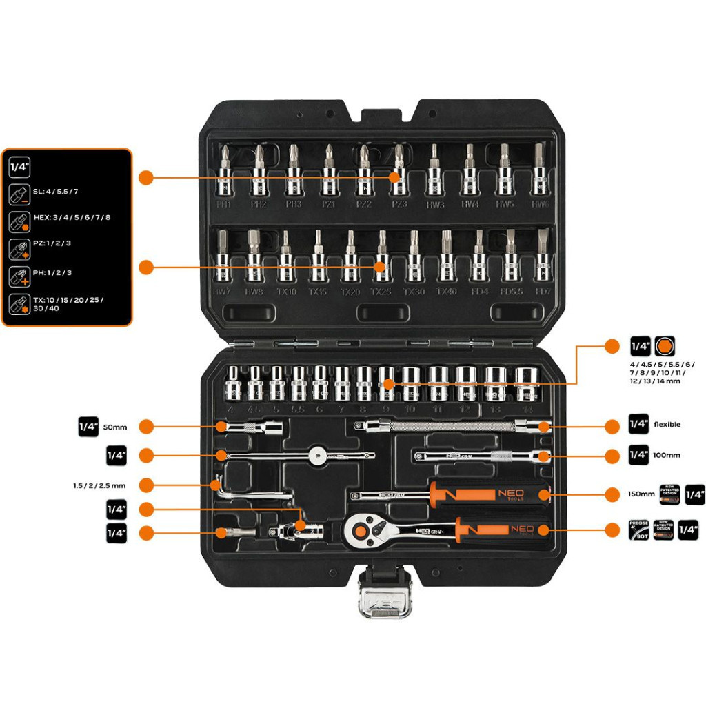 Набір інструментів Neo Tools 46шт, 1/4", CrV, кейс (10-004)