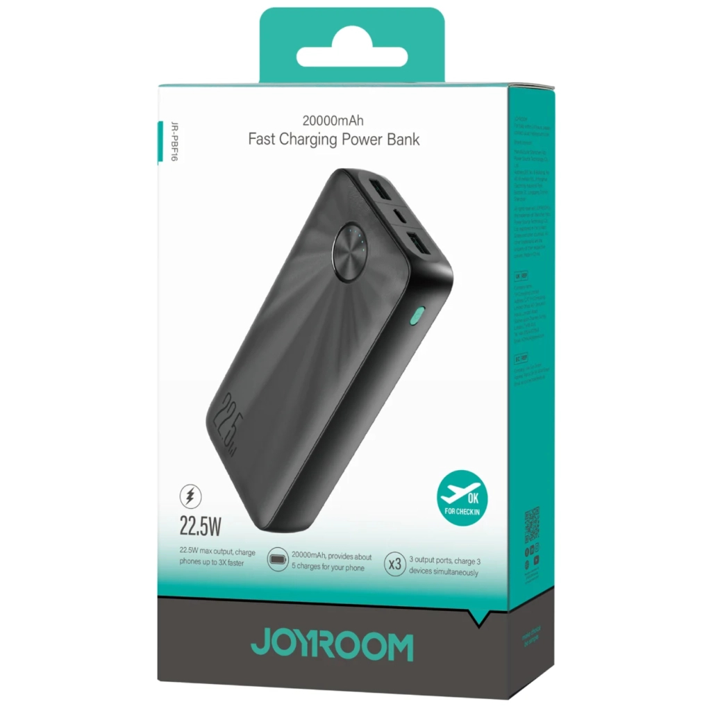 Повербанк JOYROOM 20000mAh 22,5W PD, QC/3.0, 2*USB-A, USB-C In/Out Black (JR-PBF16)