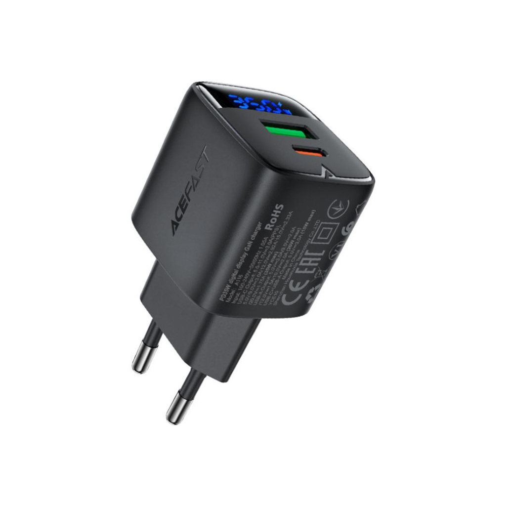 Зарядний пристрій Acefast 1xUSB-C + 1xUSB 35W GaN with digital display black (6974316284468)