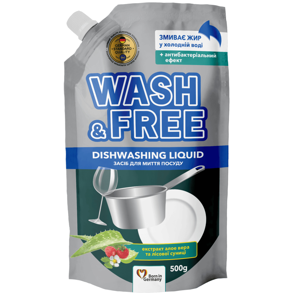 Засіб для ручного миття посуду Wash&Free Екстракт алое вера та лісової суниці Дой-пак 500 г (4823128001300)