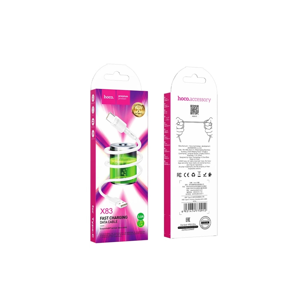 Дата кабель USB 2.0 AM to USB-C 1.0m 3A X83 white HOCO (6931474770912) Дата кабель USB 2.0 AM to USB-C 1.0m 3A X83 white HOCO (6931474770912)