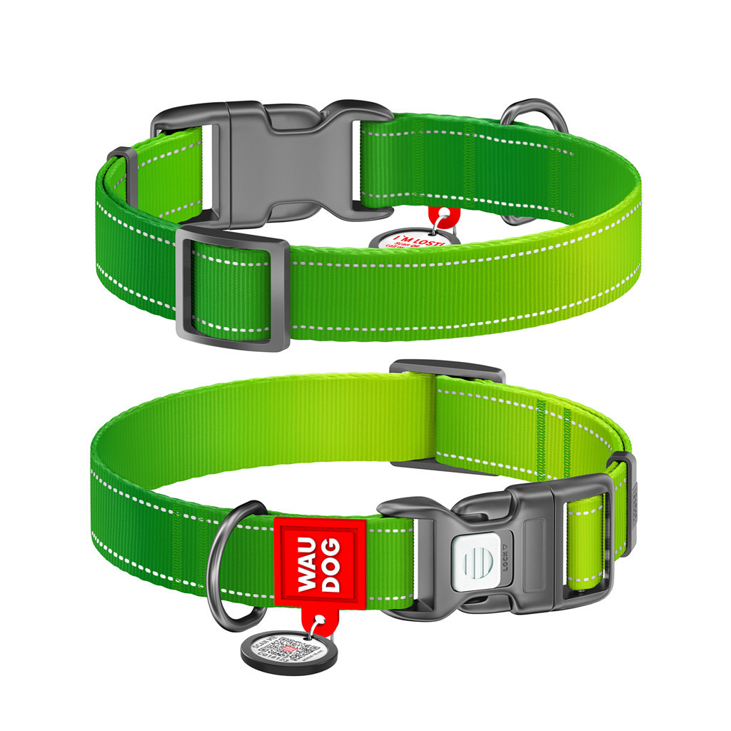 Нашийник для тварин WAUDOG Nylon Mono з QR паспортом, пластиковий фастекс XL салатовий (52165)