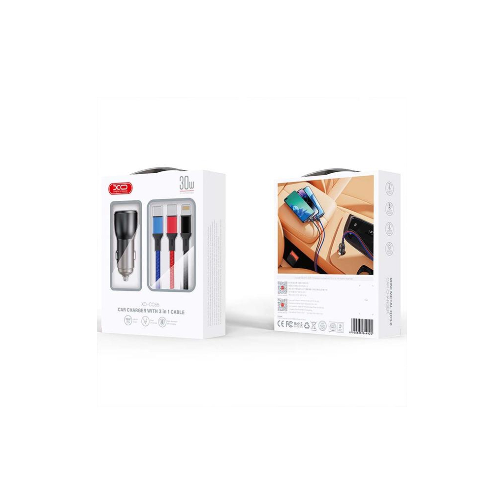 Зарядний пристрій XO CC55 QC3.0 18W (2USB/2.4A) + USB - Lightning + MicroUSB + Type-C Black (XO-CC55-BK)