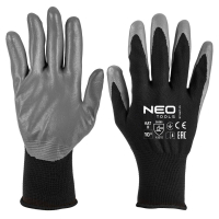 Protective gloves Neo Tools set of 12, polyester with nitrile coating, grade 11, gray-black (97-647-11)