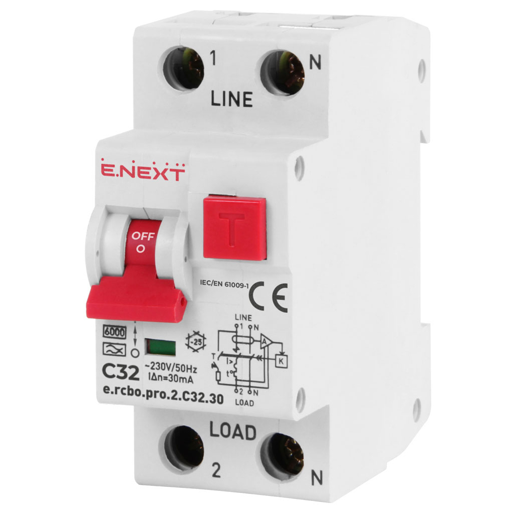Диференціальний автоматичний вимикач E.NEXT 1-п.+N e.rcbo.pro. C 32А 30мА (p0720011) Диференціальний автоматичний вимикач E.NEXT 1-п.+N e.rcbo.pro. C 32А 30мА (p0720011)