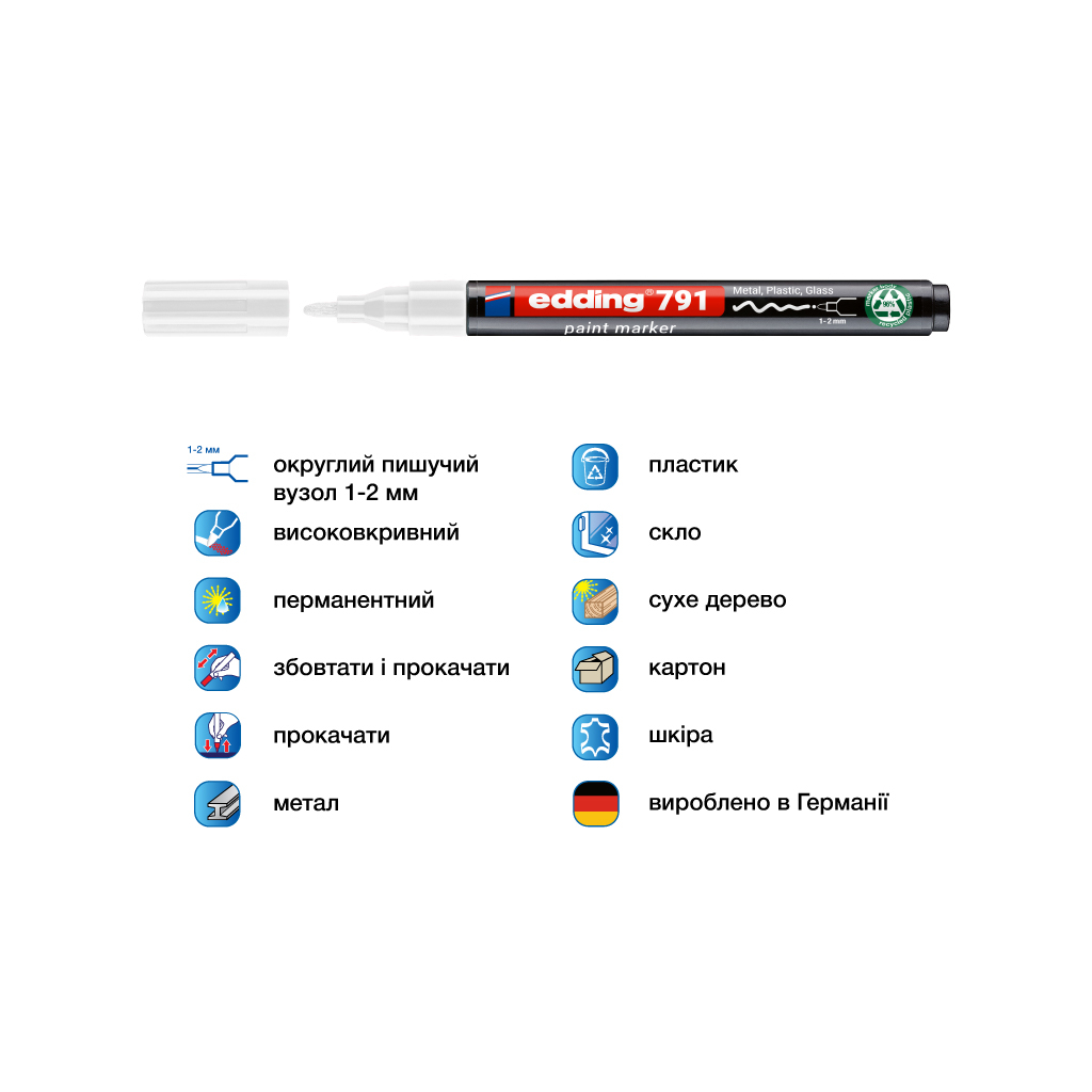 Маркер Edding Paint e-791 1-2 мм круглий білий (e-791/11n) Маркер Edding Paint e-791 1-2 мм круглий білий (e-791/11n)