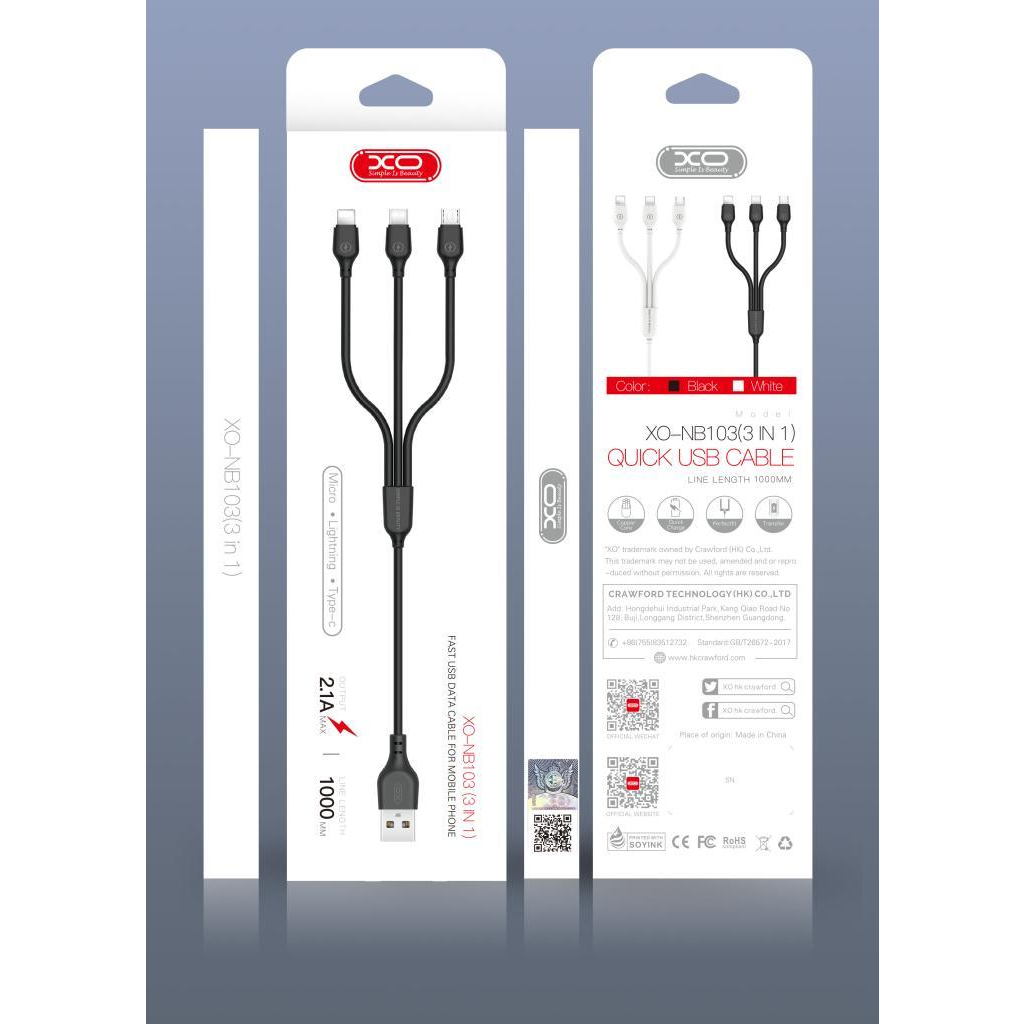 Дата кабель USB 2.0 AM to Lightning + Micro 5P + USB-C 1.0m 2.1A black XO (NB103-3in1-1-BK) Дата кабель USB 2.0 AM to Lightning + Micro 5P + USB-C 1.0m 2.1A black XO (NB103-3in1-1-BK)