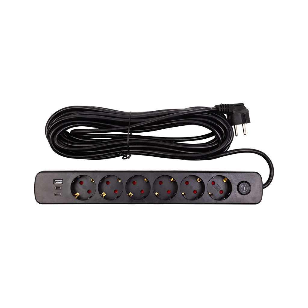 Мережевий фільтр живлення PowerPlant 10м, 6 розеток,USB, Type-C (YS-N6086/10c) (EX610693)