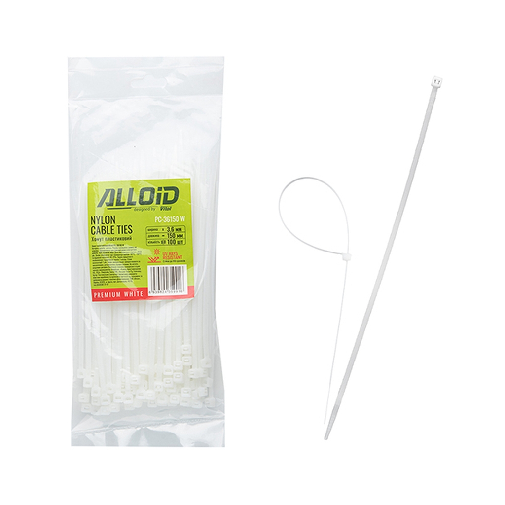 Стяжка Alloid 3.6х150мм, пластик, 100шт./уп., білий (PC-36150W)