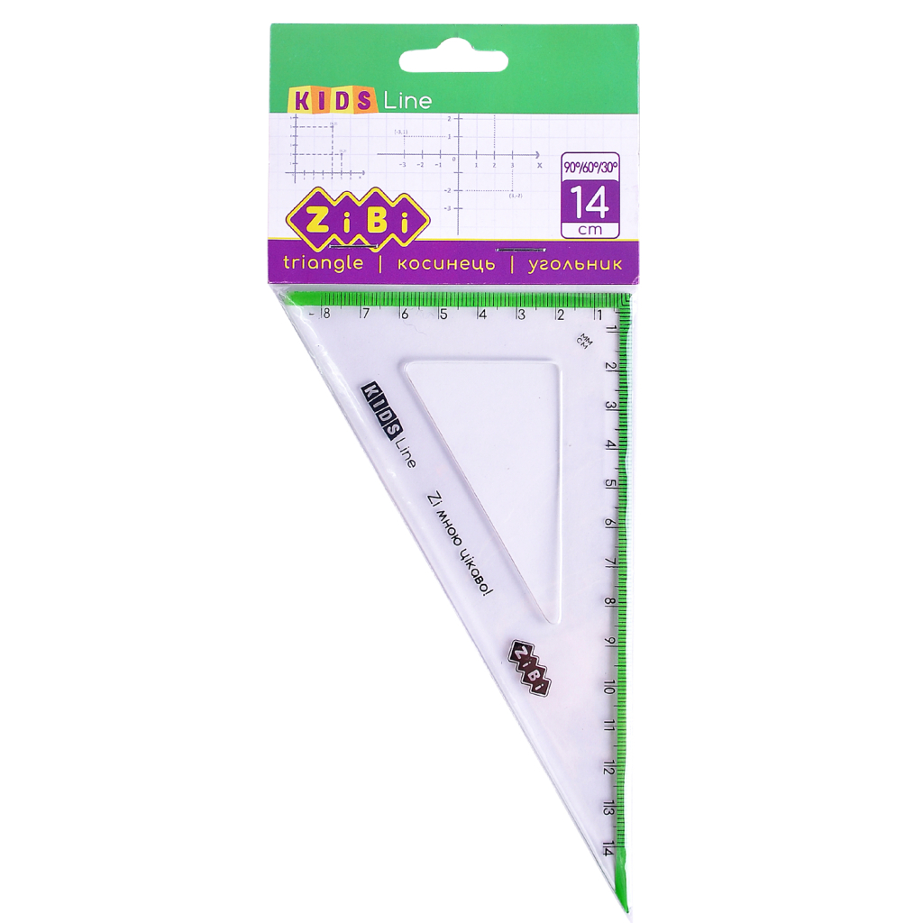 Лінійка ZiBi Kids Line Косинець 140мм, 90°/60° з салатовою смужкою, блістер (ZB.5622-15) Лінійка ZiBi Kids Line Косинець 140мм, 90°/60° з салатовою смужкою, блістер (ZB.5622-15)