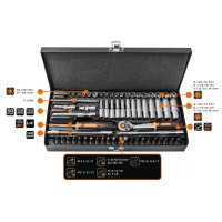 Neo Tools 63-piece tool set, 1/4", CrV, metal case (10-008)