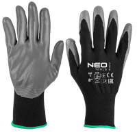 Neo Tools protective gloves set of 12, polyester with nitrile coating, grade 8, gray-black (97-647-8)
