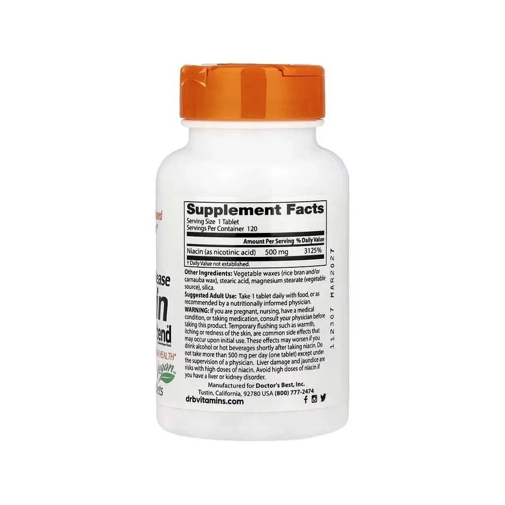 Вітамінно-мінеральний комплекс Doctor's Best Ніацин, Вітамін В3, 500 мг, Sustained-Release Niacin with niaXtend, 120 таблі (DRB-00242)
