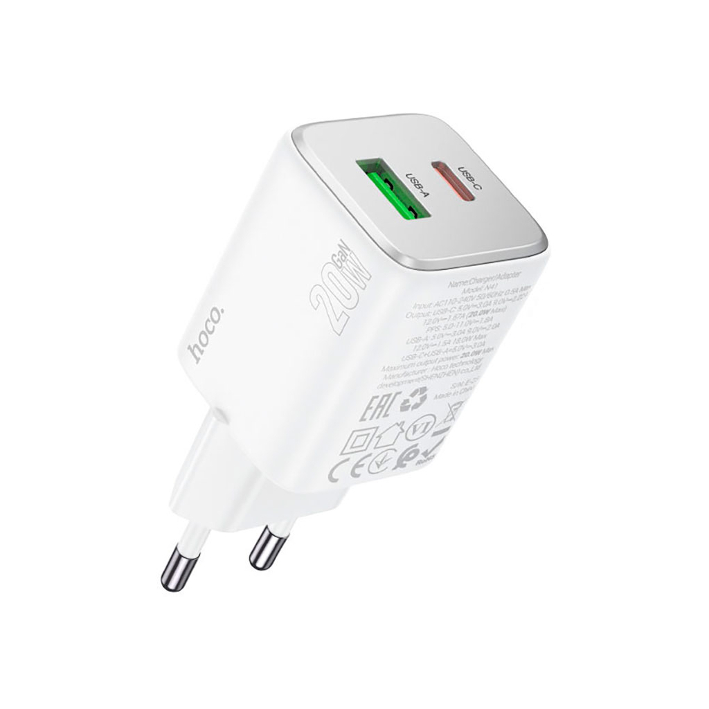 Зарядний пристрій HOCO N41 Almighty 1xUSB-C PD20W + 1xUSB QC3.0 White (6942007617031)