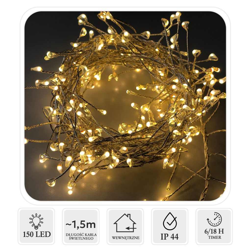 Гірлянда Chomik Кластер 150 LED 1,5м, теплий білий, 3АА (5900779901803)