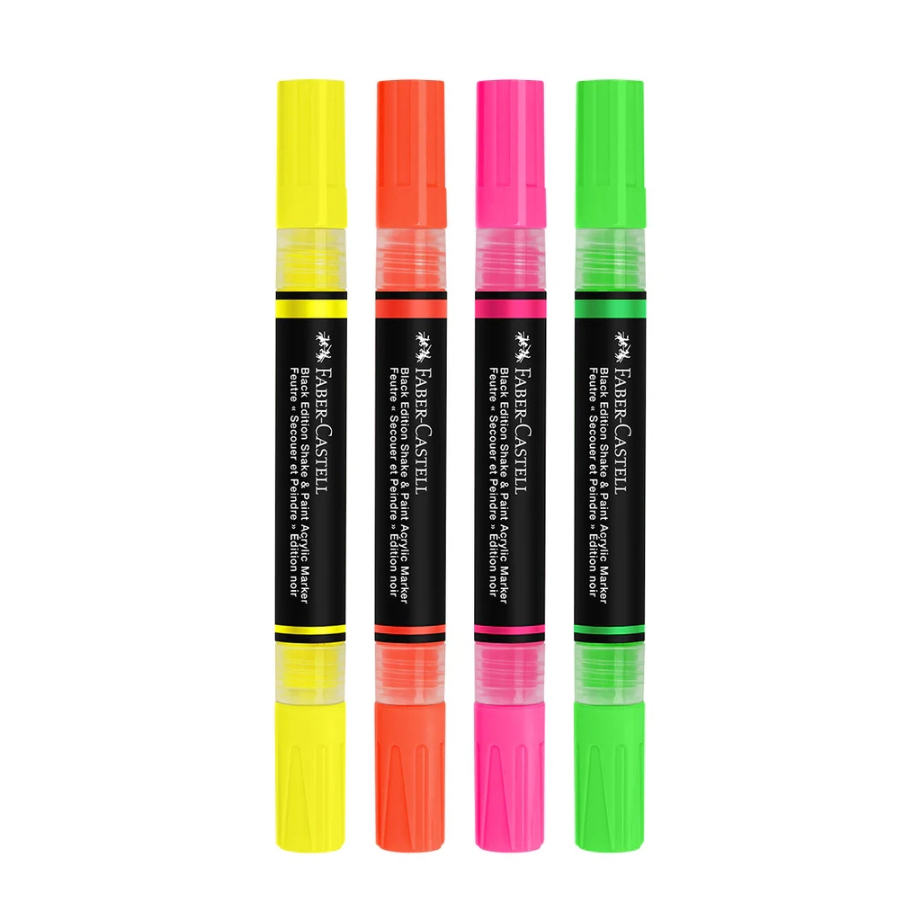 Набір маркерів Faber-Castell акрилові двобічні Black Edition Shake & Paint Neon Acrylic Marker, 4 неонові кольори (33105)