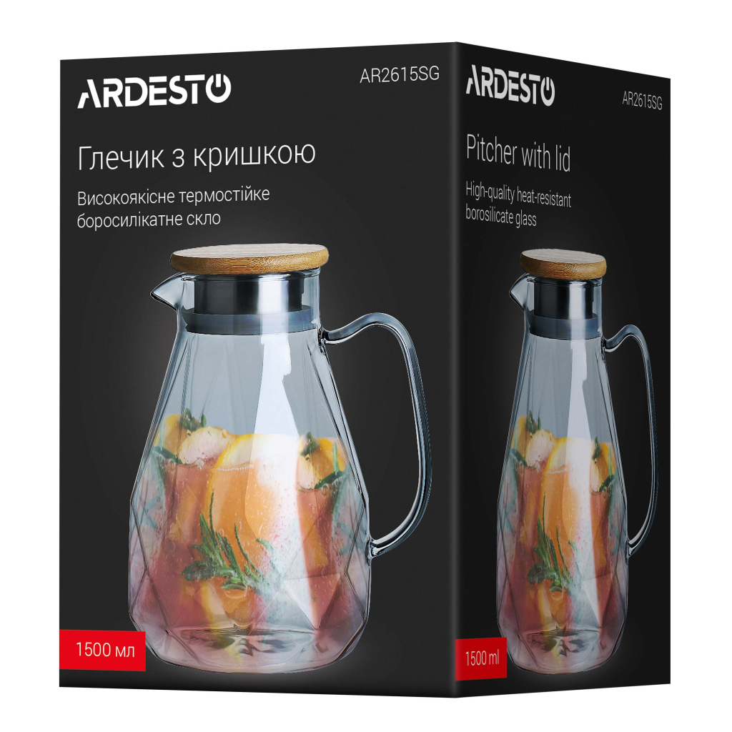 Глечик Ardesto Graphite, 1500мл, боросилікатне скло, бамбук, нержавіюча сталь, сірий (AR2615SG)