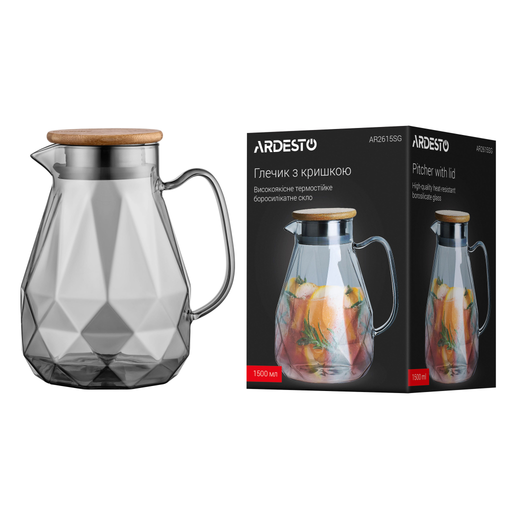 Глечик Ardesto Graphite, 1500мл, боросилікатне скло, бамбук, нержавіюча сталь, сірий (AR2615SG)