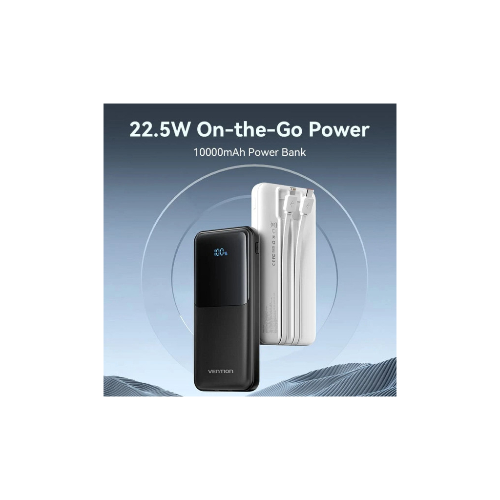 Повербанк Vention 10000mAh 22.5W 3A PD, Built-in USB-C+Lightning Cables, Black (FHOB0)