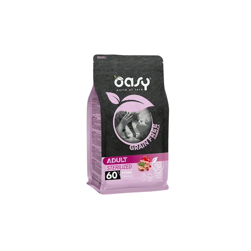 Сухий корм для кішок OASY CAT Grain Free Sterilized з свининою, яблуком та шипшиною 1.5 кг (8054329512418) Сухий корм для кішок OASY CAT Grain Free Sterilized з свининою, яблуком та шипшиною 1.5 кг (8054329512418)