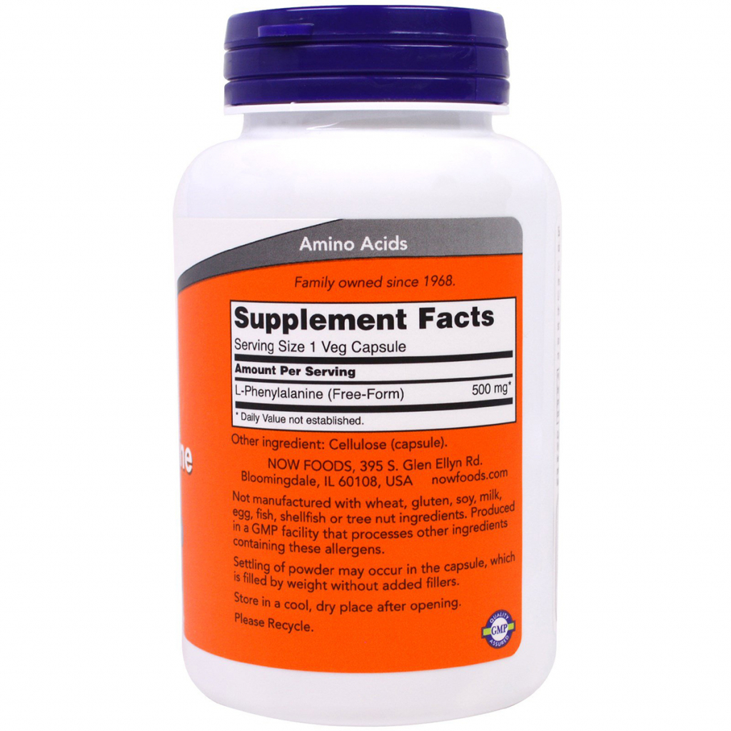 Амінокислота Now Foods L-фенілаланін, L-Phenylalanine, 500мг, 120 капсул (NOW-00132)
