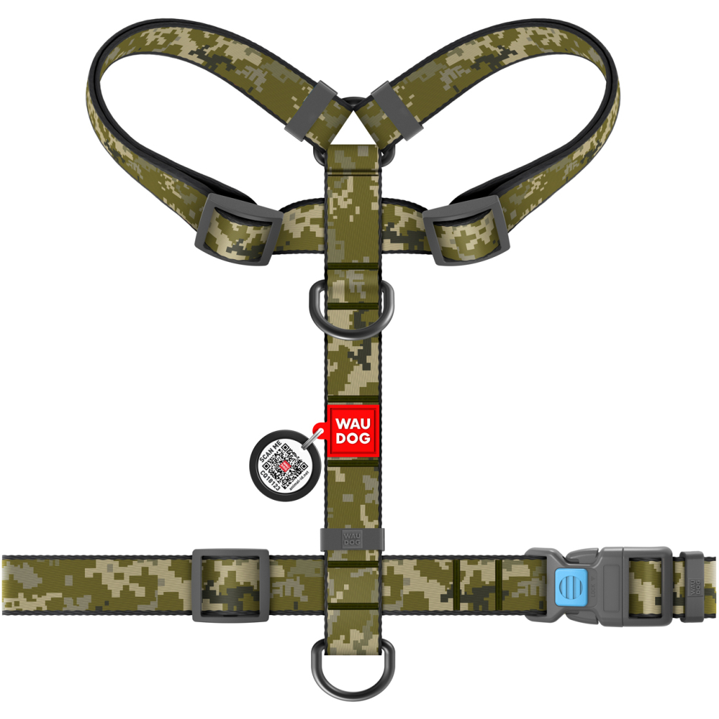 Шлея для собак WAUDOG Nylon з QR паспортом анатомічна H-подібна "Мілітарі" M (321-4026)
