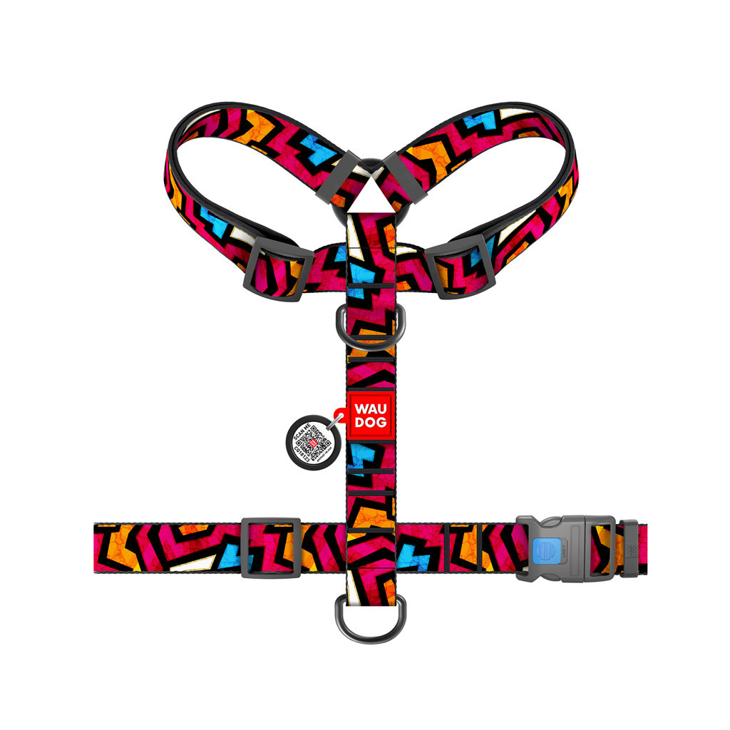 Шлея для собак WAUDOG Nylon анатомічна H-подібна з QR-паспортом "Графіті" пластиковий фастекс XL (323-0021)