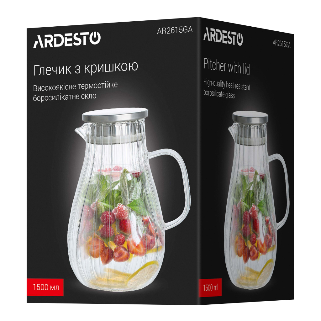 Глечик Ardesto Iceberg, 1500мл, боросилікатне скло, нержавіюча сталь, прозорий (AR2615GA)