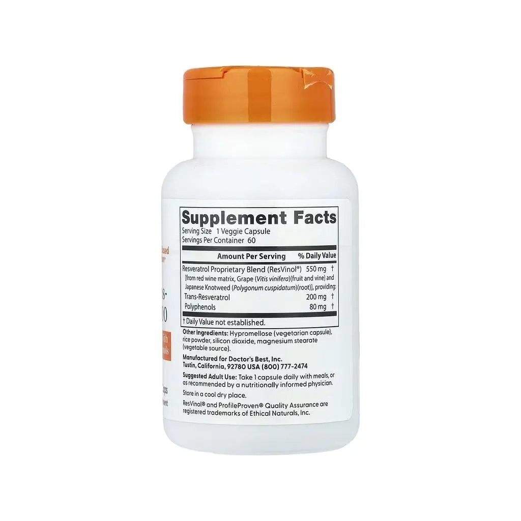 Вітамінно-мінеральний комплекс Doctor's Best Ресвератрол, 200 мг, Trans-Resveratrol 200, 60 вегетаріанських капсу (DRB-00211)