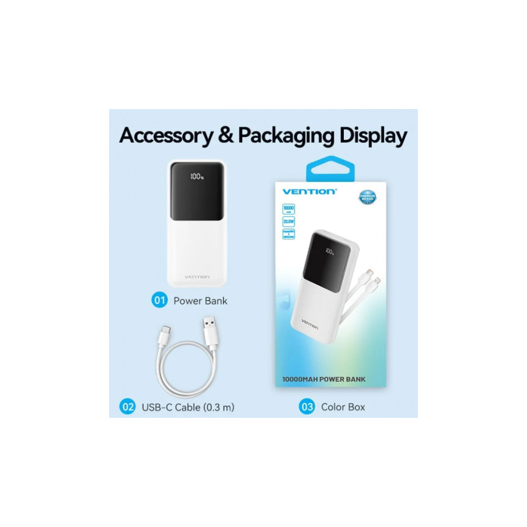 Повербанк Vention 10000mAh 22.5W 3A PD, Built-in USB-C+Lightning Cables, White (FHOW0)
