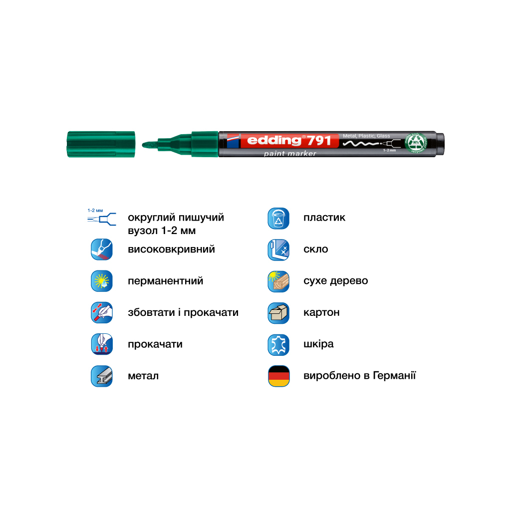 Маркер Edding Paint e-791 1-2 мм круглий зелений (e-791/04n) Маркер Edding Paint e-791 1-2 мм круглий зелений (e-791/04n)