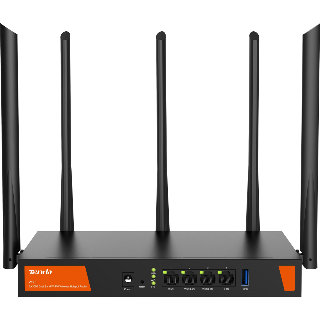 Маршрутизатор Tenda Маршрутизатор TENDA W30E Hotspot AX3000 4xGE (1xGE WAN, 2xGE LAN/WAN, 1xGE LAN) (W30E)
